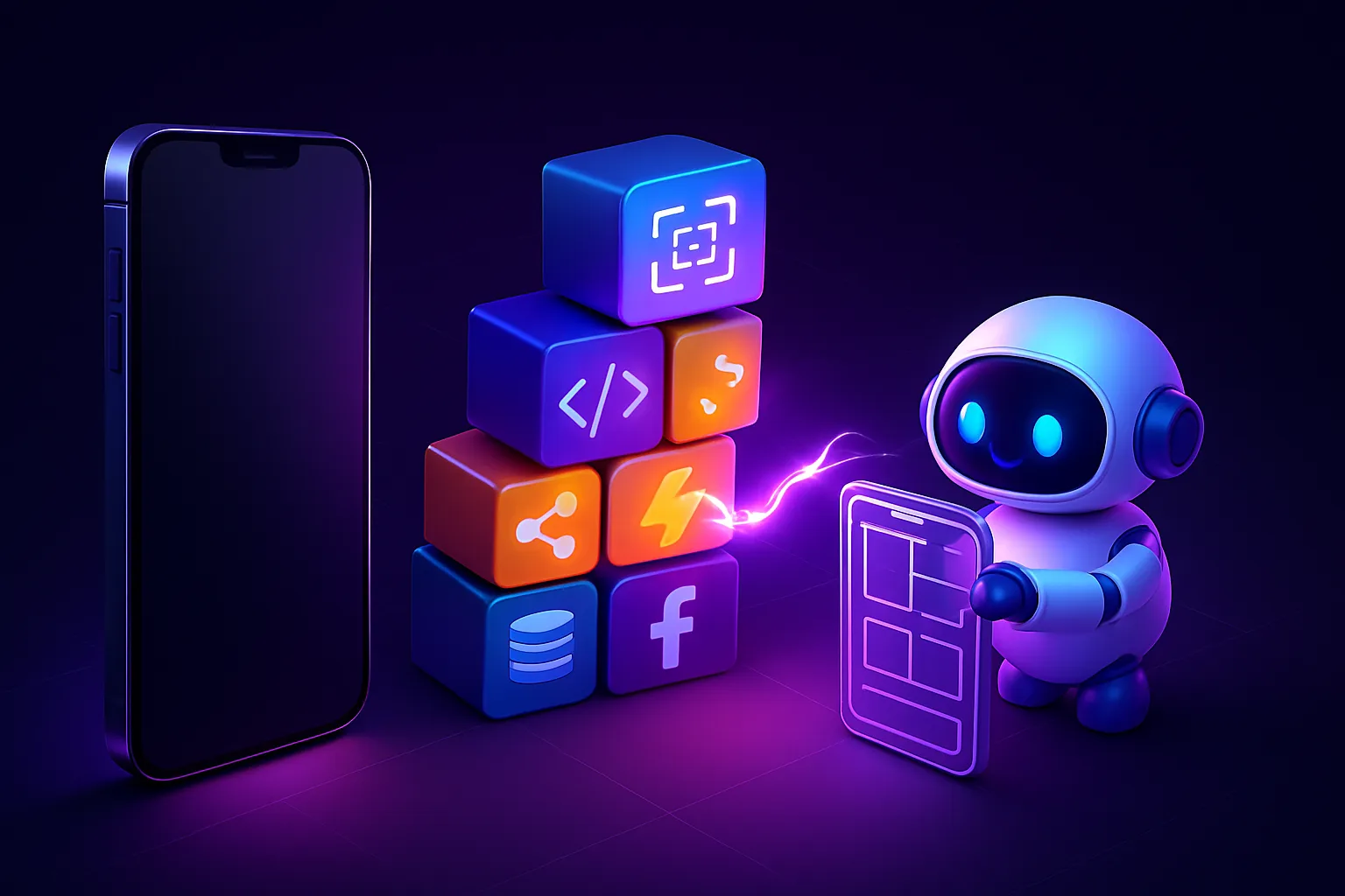 Custom smartphone app contrasted with modular no-code building blocks and AI spark motifs