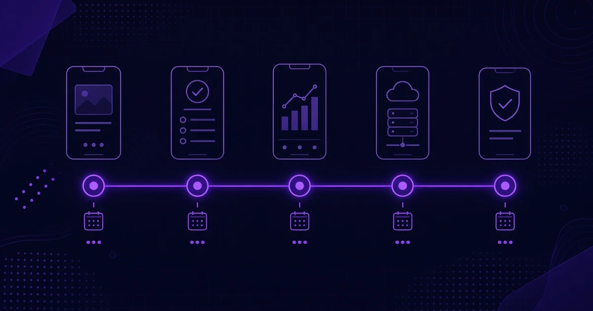 Glowing purple roadmap with milestone markers and phone wireframes progressing from sketch to finished app