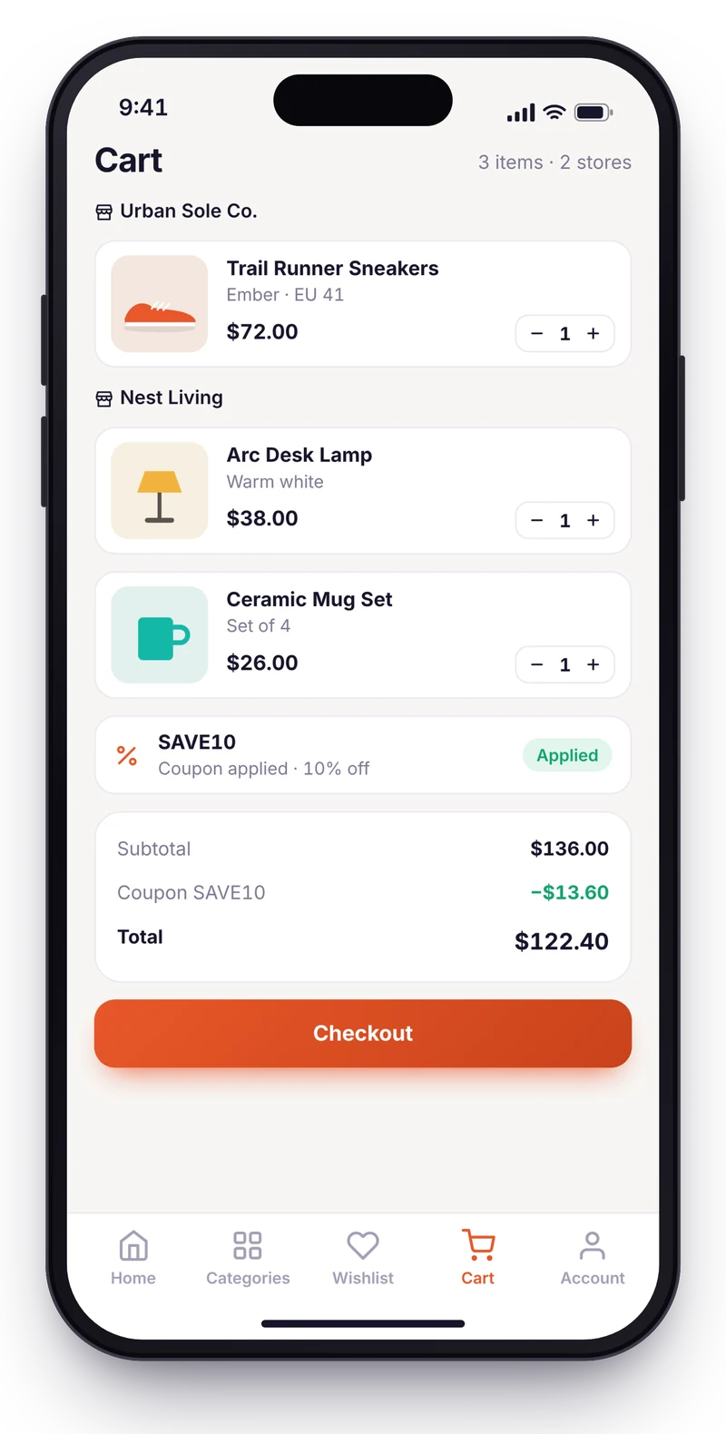 Shopping cart screen with items grouped by store, quantity controls and an applied coupon code.