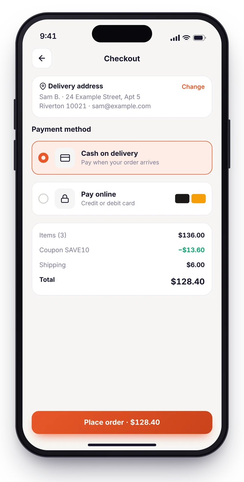 Checkout screen with delivery address, order summary and a choice of cash on delivery or card payment.