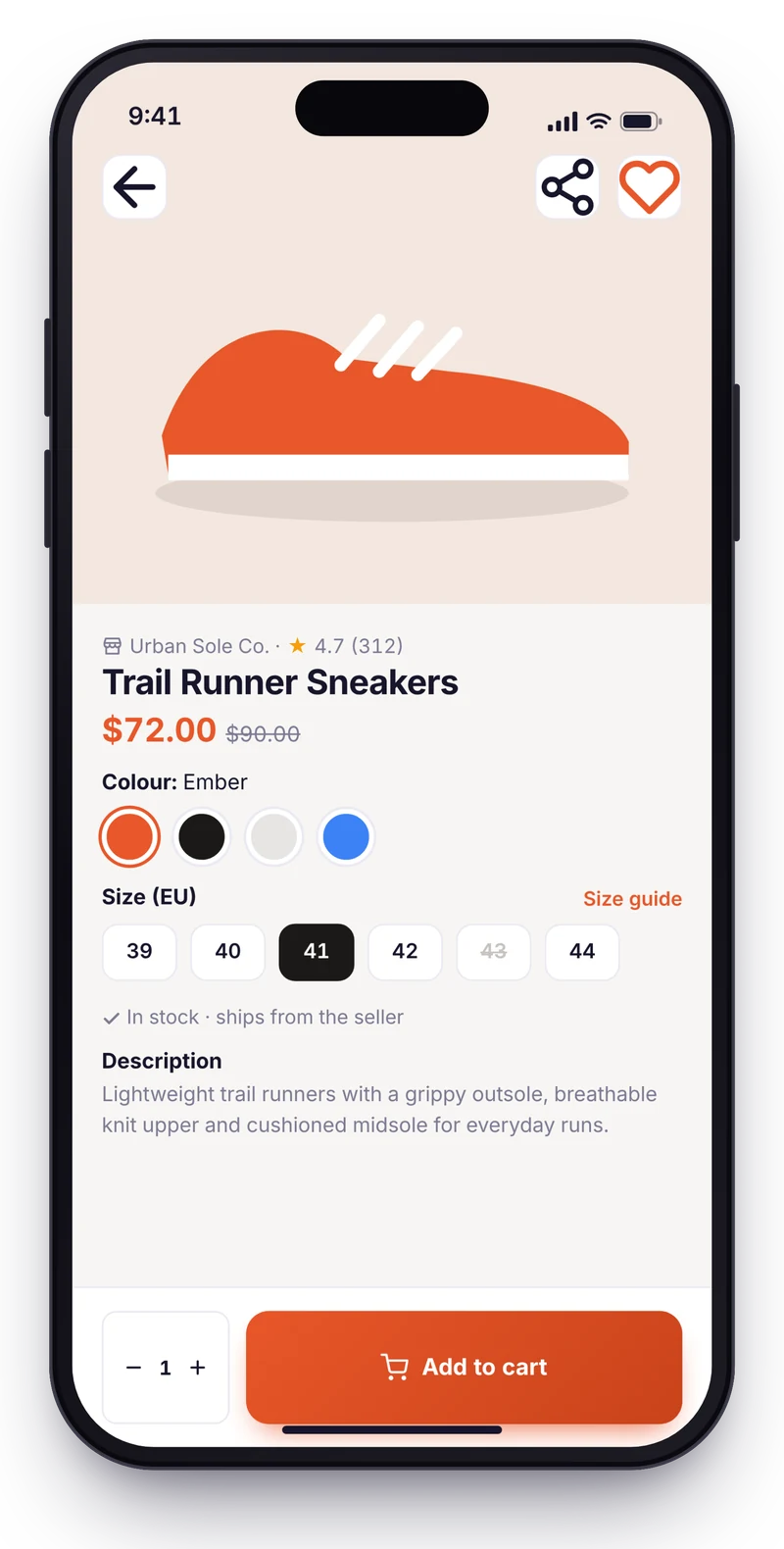 Shopping app product page with colour and size options, price, seller store and an add-to-cart button.