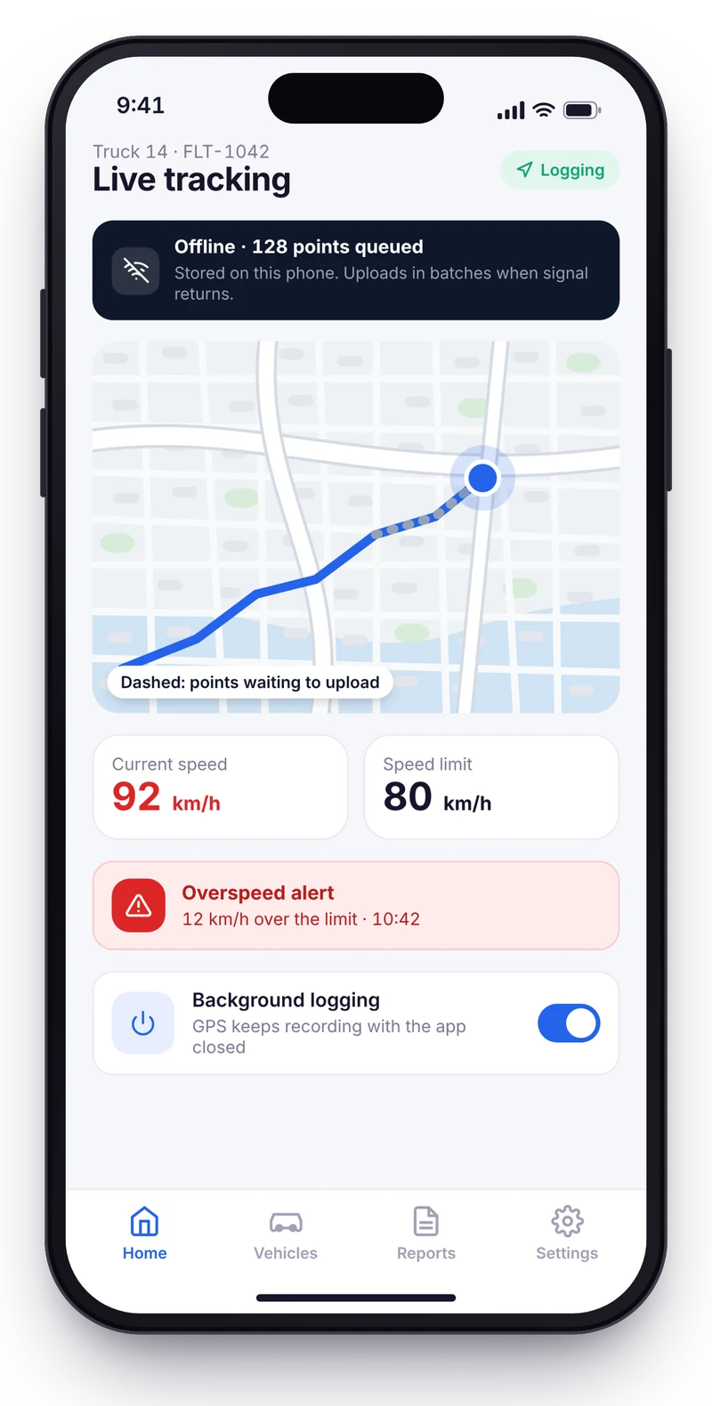 Phone screen logging GPS in the background with current speed, an overspeed alert and offline points queued to upload.