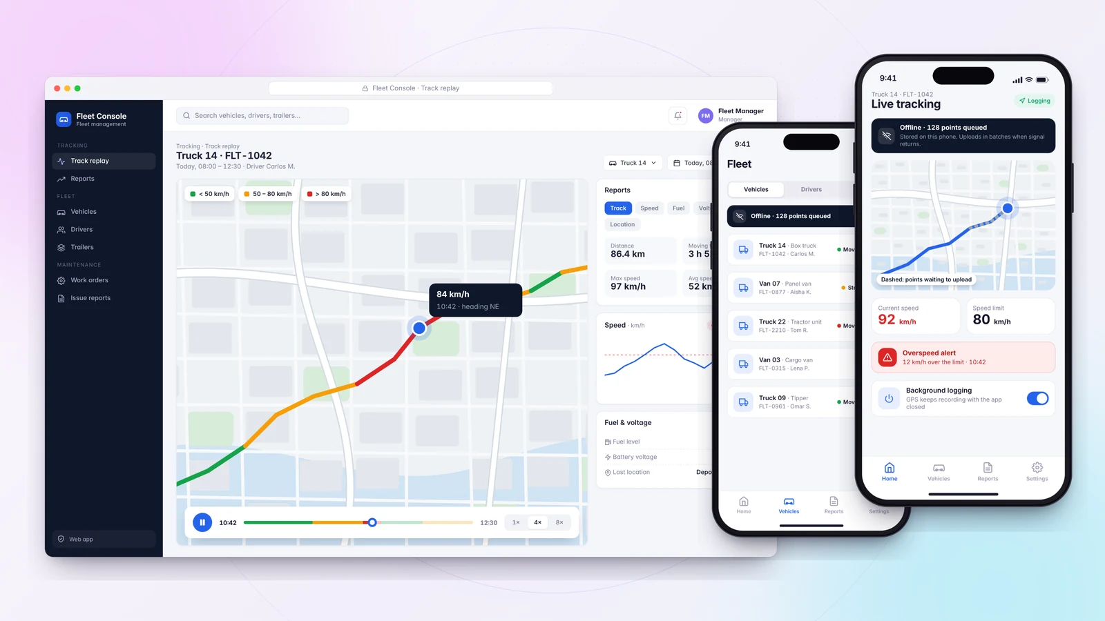 Fleet management app with a web track-replay screen and two phone screens showing GPS logging and offline sync.