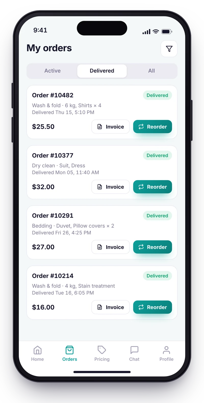 Laundry order history screen with order statuses, a reorder button and invoice downloads.