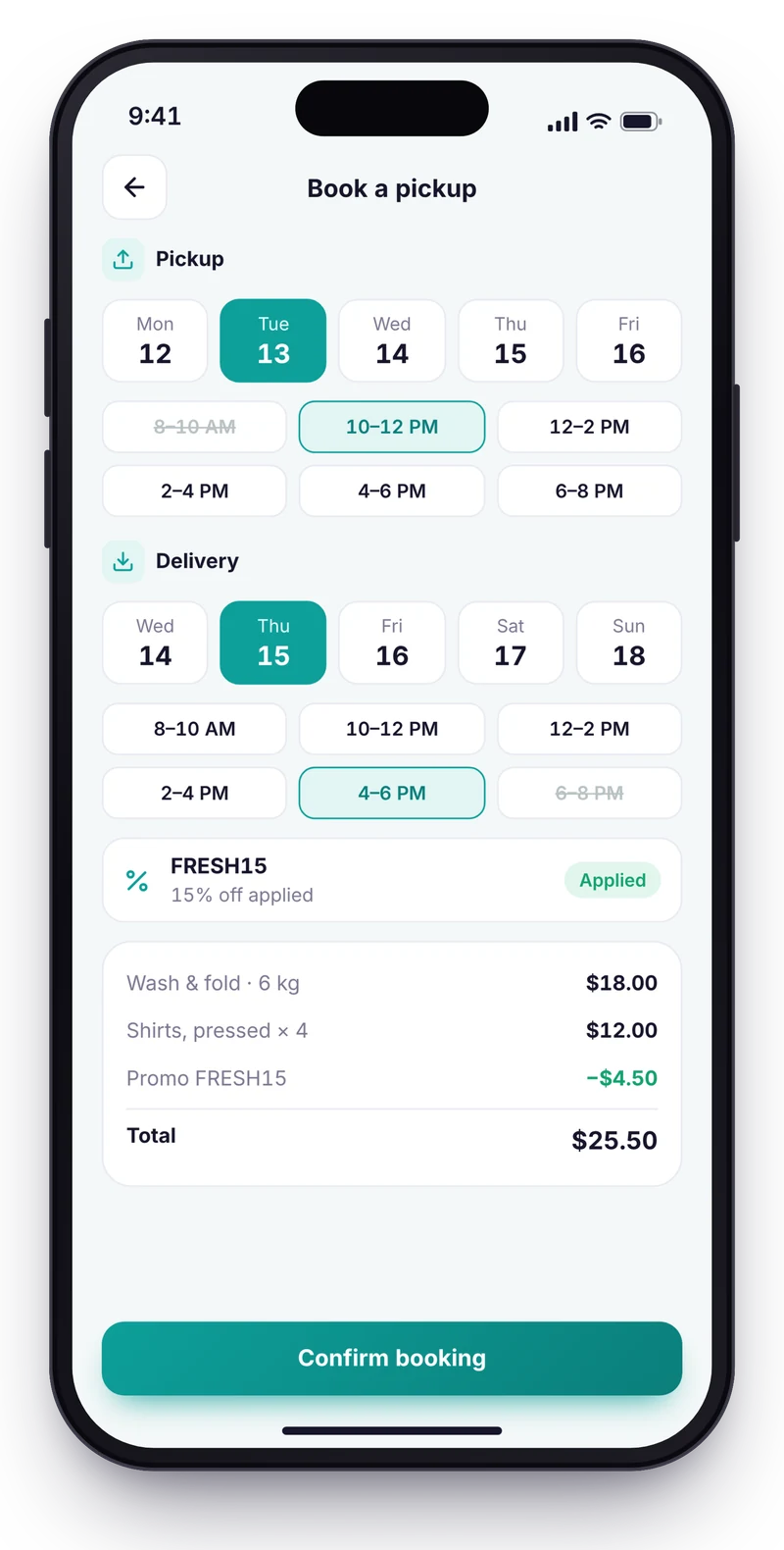 Laundry booking screen with pickup and delivery date and time slots, an applied promo code and the order total.