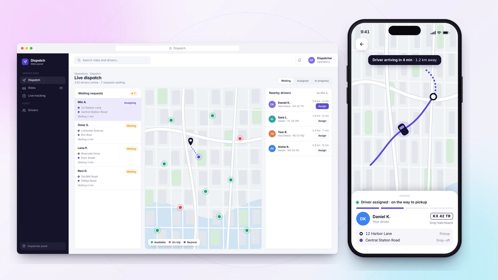 Dispatcher web panel with live drivers on an abstract map beside a phone tracking an assigned driver