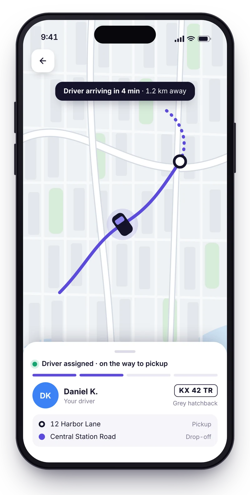 Passenger phone showing live driver tracking on a map